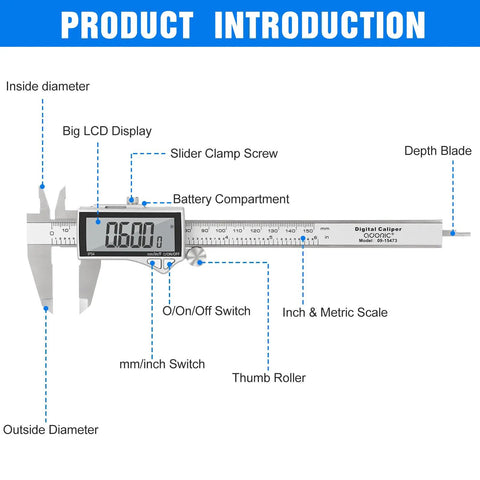 Diagram showing Handy Digital Caliper Measuring Tool Stainless Steel with Large LCD Screen and labeled components.