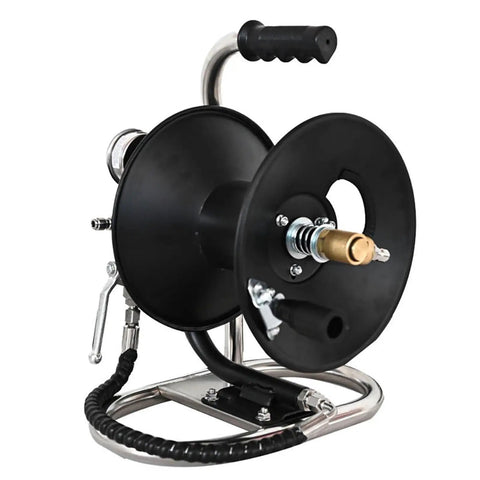 Killer Heavy Duty Workhorse Rotating Water Spray Featuring One Hundred Foot Telescopic Manual Hose Reel, metal and plastic construction.