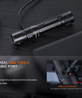 2800 Lumen Tactical Flashlight With Dual Rear Switches, USB C Rechargeable charging next to power bank, cable in view