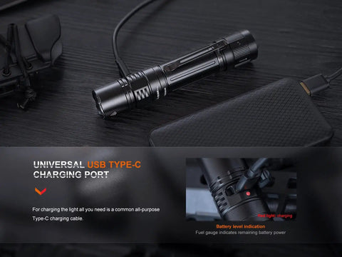 2800 Lumen Tactical Flashlight With Dual Rear Switches, USB C Rechargeable charging next to power bank, cable in view