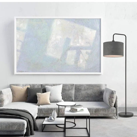 Barden 58 Inch Floor Lamp in Black Finish With Dark Gray Velvet Shade Rotary On Off Switch Sleek Minimalist Bridge Arm Lighting for Living Room and Reading Vibe next to a modern gray sofa and abstract wall art in a stylish living room.