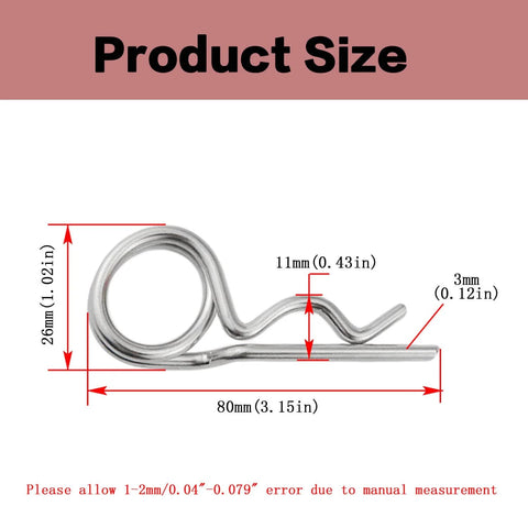 Heavy Duty Steel Double Loop Hitch Pin Clips Set For Various Hitch Pins And Cotter Hairpins Multi Use Assortment Kit With M3X80 Size 40 Pieces Built Tough For Trailers Towing Farm Equipment And Outdoor Gear product size diagram showing dimensions of 26mm x 80mm