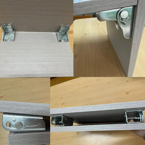 Heavy Duty Self Locking Folding Table Leg Hinges And Cold Rolled Steel Angle Braces For Sofa Beds Locks Solid At Ninety Degrees Table Supports Four Pair Set Sleek Hidden Build close-up of durable metal hinges mounted on wooden surfaces