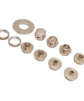 Pro Level Solid Brass Router Jig Bushing Guide Set With Snug Carry Case For Precision Woodworking And Carpentry Projects 11 Piece Kit brass bushings arranged neatly.