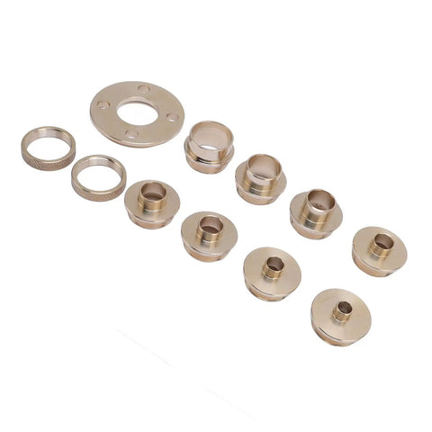 Pro Level Solid Brass Router Jig Bushing Guide Set With Snug Carry Case For Precision Woodworking And Carpentry Projects 11 Piece Kit brass bushings arranged neatly.