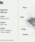 Installation guide for Lux Satin White Flush Wall Vent Cover In Solid Steel, showcasing steps and components including damper.