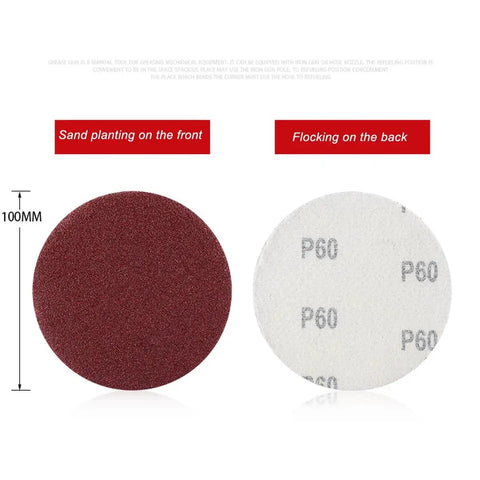 Ultimate 100 Pack Of 4 Inch Hook And Loop Sanding Discs With 15 Grits From Coarse To Ultra Fine Silicon Carbide For Wood Metal Polishing And Smoothing Jobs, showing red coarse and white fine grit discs.