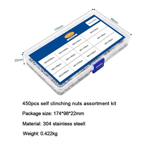 450 Piece Self Clinching Nut Assortment Kit Crafted From Top Shelf 304 Stainless Steel Featuring Rock Solid Swage Press Fit Design In M3 M4 M5 M6 Threads Ready To Nail Sheet Metal Repairs And Garage Builds