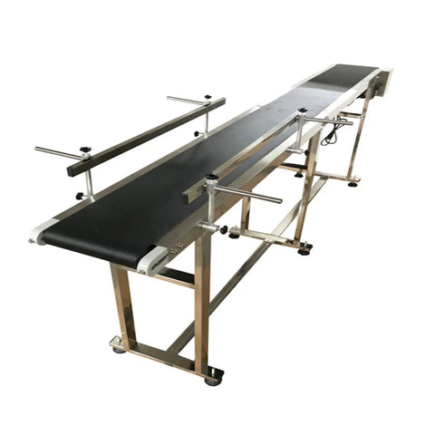 Side view of 110V PVC Belt Conveyor With Double Guardrails, 82.6 Inch Long, 7.8 Inch Belt Width, Flat Conveyor System.