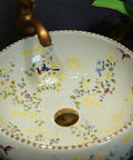 Bathroom Vessel Sink, Countertop Basin Bird Kitchen Basin Sink, Ceramic Sink with floral art design, round basin.