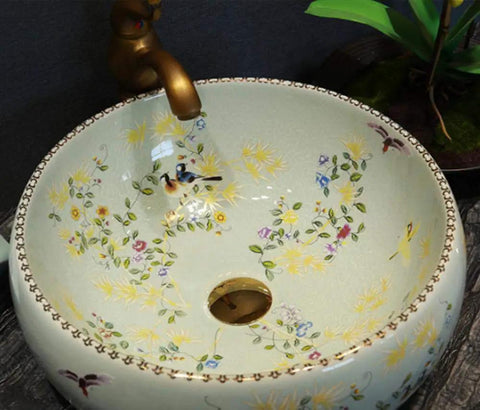 Bathroom Vessel Sink, Countertop Basin Bird Kitchen Basin Sink, Ceramic Sink with floral art design, round basin.