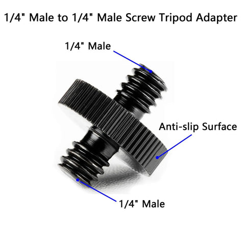 Rock Solid Two Pack Aluminum Quarter Inch Male To Male Threaded Adapter For Camera Cage Rig and Studio Light Stand Hardware with anti-slip surface.