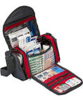 Front view of open sports first aid kit duffel bag with red interior and gray exterior, 189-piece medical supplies.