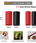 110pcs heat shrink tubing assortment in red and black, 3:1 ratio, sizes 5/8" and 1/2", features environmentally friendly material.