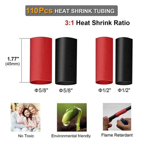 110pcs heat shrink tubing assortment in red and black, 3:1 ratio, sizes 5/8" and 1/2", features environmentally friendly material.