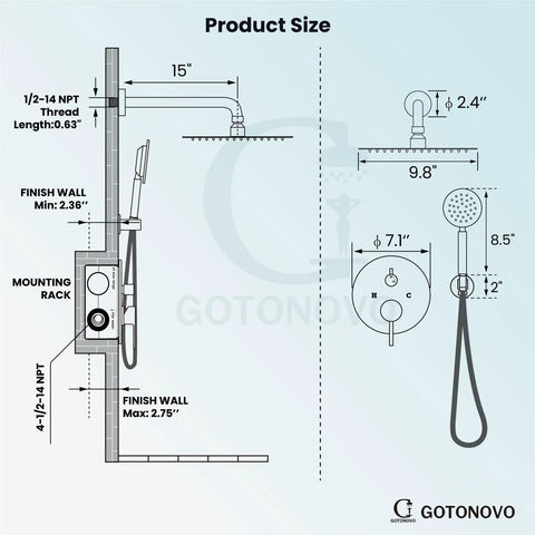 Rainfall Shower System With 10 Inch Round Showerhead And Handheld High Pressure Faucet Set Brushed Nickel Finish Includes Rough In Valve diagram