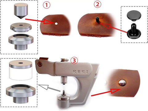 Leather Rivet Kit With Pliers Pro Grade 6mm Copper Tubular Rivets, 180 Sets In 3 Colors showing installation steps.
