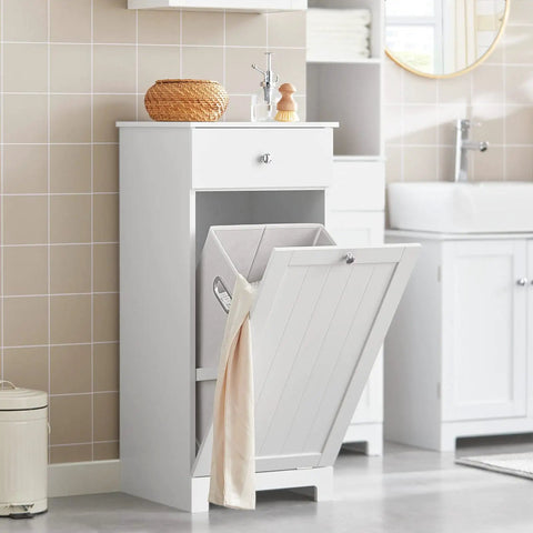 Slim Tilt-Out Laundry Hamper Cabinet For Tight Spaces in bathroom, narrow pull-out storage unit with shelf and drawer, white finish