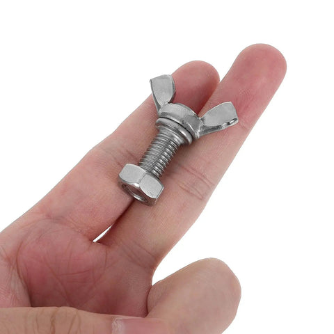 Six Set Stainless Steel M8 Wing Bolts With Hex Nuts For Easy DIY Install On Display Racks, Machine Panels And Furniture, Durable Butterfly Screws For One Hand Tightening And Strong Secure Clamps. M8 stainless wing bolt with hex nut in hand