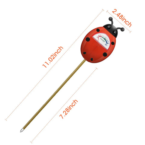 Soil Moisture Meter For Plants, Easy Watering Guide With Clear Reading Dial featuring ladybug design and size dimensions.