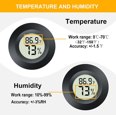 2-Pack Digital Hygrometer Thermometer Humidity Monitor For Indoor Outdoor Use, Reptile Terrarium Greenhouse Humidors Jars With Fahrenheit And Celsius Readout showing temperature and humidity displays