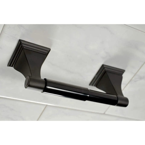 Monarch 5 Piece Bath Accessory Set in Matte Black with Toilet Paper Holder on white tile wall for classic traditional bathrooms