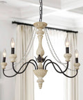 Five-Light French Country Rustic Chandelier with Glass Bead Chains, white distressed wood, hanging over dining area, 28 inch diameter
