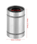 Side view of HaloVerde LM6UU linear ball bearing with 6mm bore; silver steel cylinder, 12x19 mm size