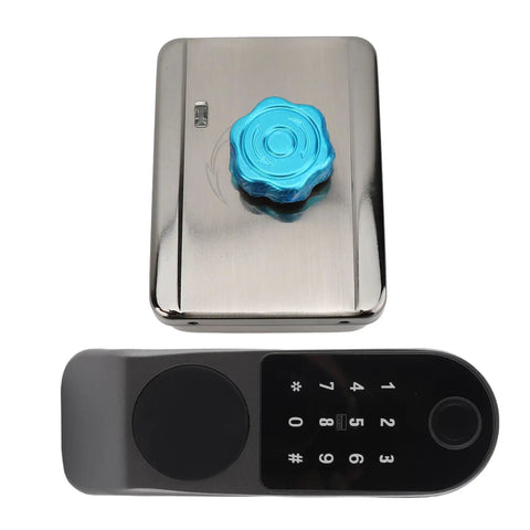 Rock Hard Aluminum Alloy Smart Deadbolt Featuring Rapid Fingerprint Reader with keypad and blue access button.