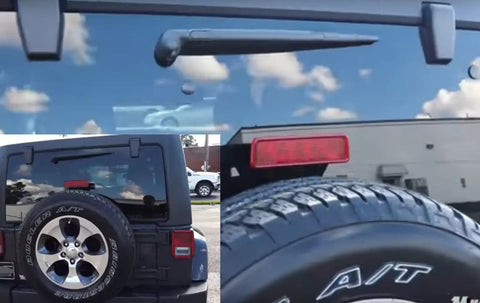 Badass Off Road Rear Wiper Arm And Blade Kit For Jeep Wrangler JK 2007 2017 view showing rear wiper mounted on glass.