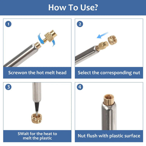 Steps for using All In One Plastic Repair And Assembly Kit With Heat Set Inserts And 60W Digital Soldering Iron, M2-M8 brass tips