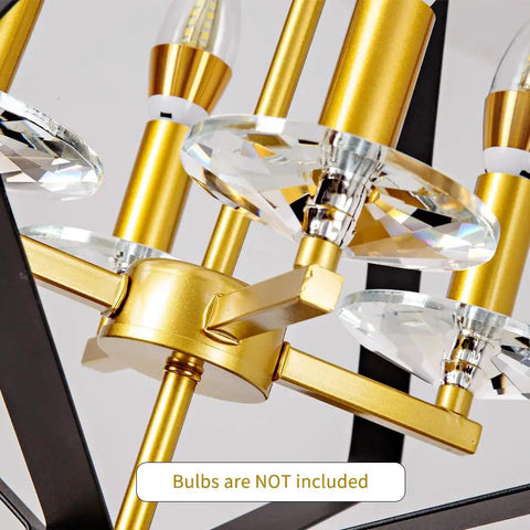 Close-up of 4 Light Lantern Chandelier in Black and Gold with E12 sockets, crystal accents, bulbs not included