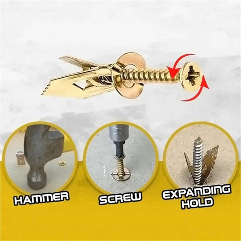Self Tapping Screws And Drywall Anchors Kit For Plasterboard 100 Or 200 Pcs Heavy Duty Yellow Zinc Plated Carbon Steel Rust Resistant No Prep Self Drilling Install For Fast Secure Wall Mounts with screw and anchor expansion steps