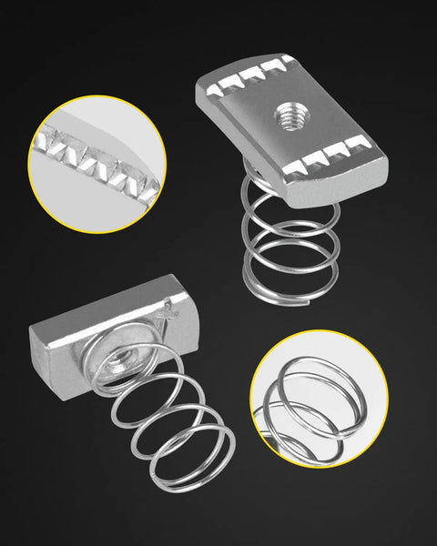 Top Shelf Badass 1/4-20 Strut Channel Spring Nuts, Grade 5 Steel, 8mm Thick, 1 57 Inch Spring displayed with detailed views.