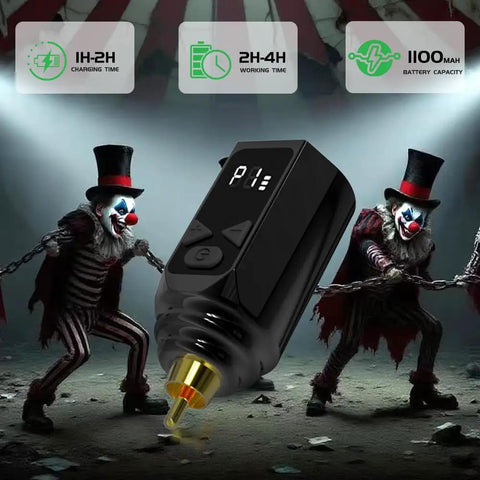 Close-up of Wireless Tattoo Pen Kit with 10 tattoo needles, digital display shown, against a dramatic background with clowns.