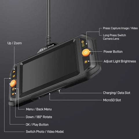Control panel of Dual Lens Endoscope With Light For Auto HVAC Wall And Home Inspections Mechanic Borescope Camera Flexible Fiber Optic Snake Probe Sixteen And A Half Feet Of Reach With Eight Adjustable LEDs showing navigation and function buttons.
