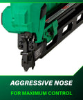 Close-up of 18V MultiVolt Cordless 21 Degree Framing Nailer Kit With 4.0Ah Battery Delivers Big Power Drives Two Inch To Three And A Half Inch Nails Plastic Strip NR1890DRA showing aggressive nose design for maximum control.