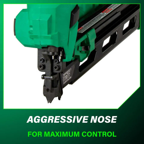 Close-up of 18V MultiVolt Cordless 21 Degree Framing Nailer Kit With 4.0Ah Battery Delivers Big Power Drives Two Inch To Three And A Half Inch Nails Plastic Strip NR1890DRA showing aggressive nose design for maximum control.