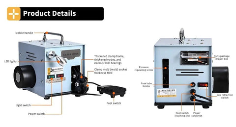 Electric Cold Press Terminal Crimper Machine With Interchangeable Die Sets For Fast One Second Wiring And Continuous Crimping Operations To Boost Electrical Project Productivity, showing power switches and LED lights.