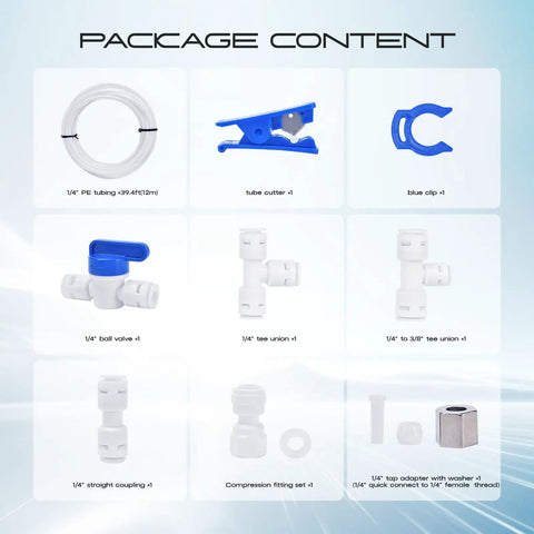 Package content of the Easy Do It Yourself Refrigerator Water Line Kit For Ice Maker With One Quarter Inch OD 39.4 Foot Tubing.