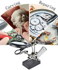 2.5X 7.5X 10X LED Light Helping Hands Magnifier Soldering Station with Auxiliary Clamp and Alligator Clips shown with uses