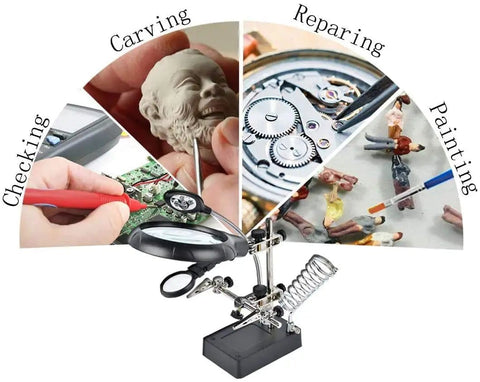 2.5X 7.5X 10X LED Light Helping Hands Magnifier Soldering Station with Auxiliary Clamp and Alligator Clips shown with uses