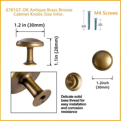 Antique Brass Cabinet Knobs 6 Pack Zinc Alloy Drawer Pulls For Kitchen And Furniture Vintage, size and screw details shown
