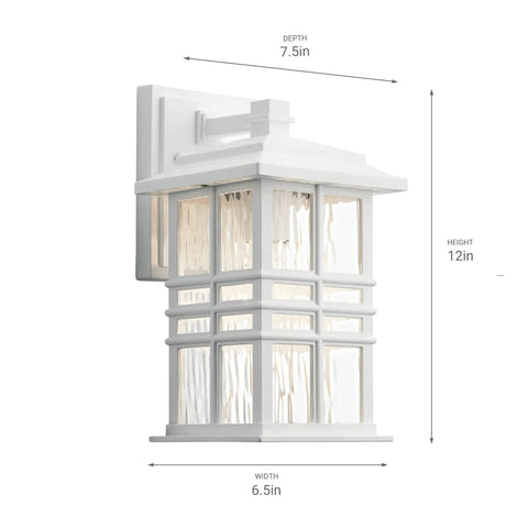 Craftsman Style Outdoor Wall Light In White 12 Inch Tall Exterior Sconce With Clear Hammered Glass One Light Porch Lighting For Patio Or Entry Built Tough Mission Glow, side view showing dimensions.