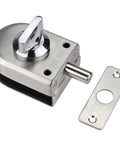 Keyless Glass Door Lock For 10mm To 12mm Glass Doors In Stainless Steel, Floor Latch Bolt Ground Lock, shown side by side with latch plate.