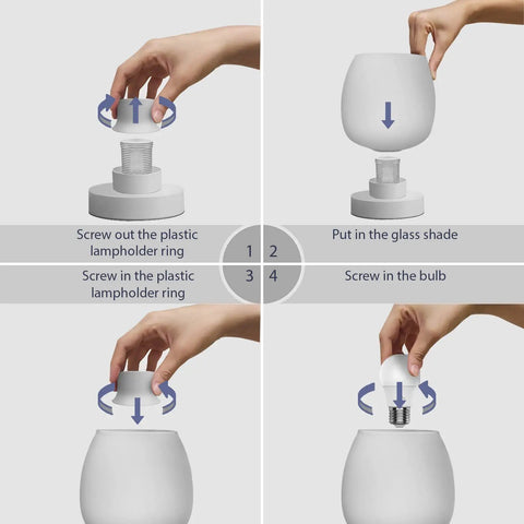 Assembly guide for Compact Bedside Lamp With 3 Way Dimmable Touch Control, showing opal glass shade and bulb installation process.