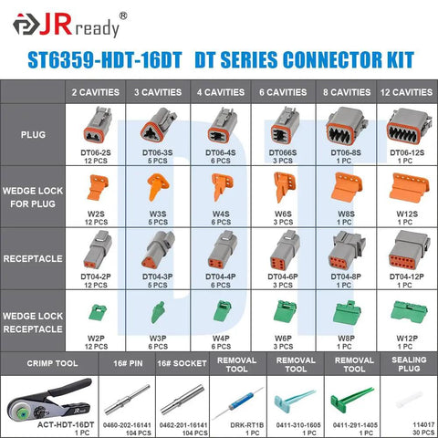 DT Deutsch Connector Kit For Auto Wiring With 2 3 4 6 8 12 Pin Plugs Size 16 Solid Contacts For 16-20AWG shown with tools