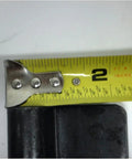 Beefed Up Weld On Butterfly Ramp Hinge With Grease Fitting For Cargo Trailer Doors shown with tape measure, 1000 lb capacity, black raw steel finish.