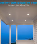 TORCHSTAR 2-Pack 4-Inch 5CCT LED Recessed Light with J-Box, Wet Location installed on covered patio.