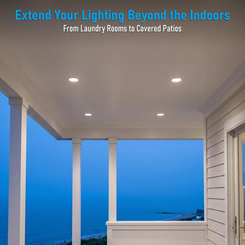 TORCHSTAR 2-Pack 4-Inch 5CCT LED Recessed Light with J-Box, Wet Location installed on covered patio.